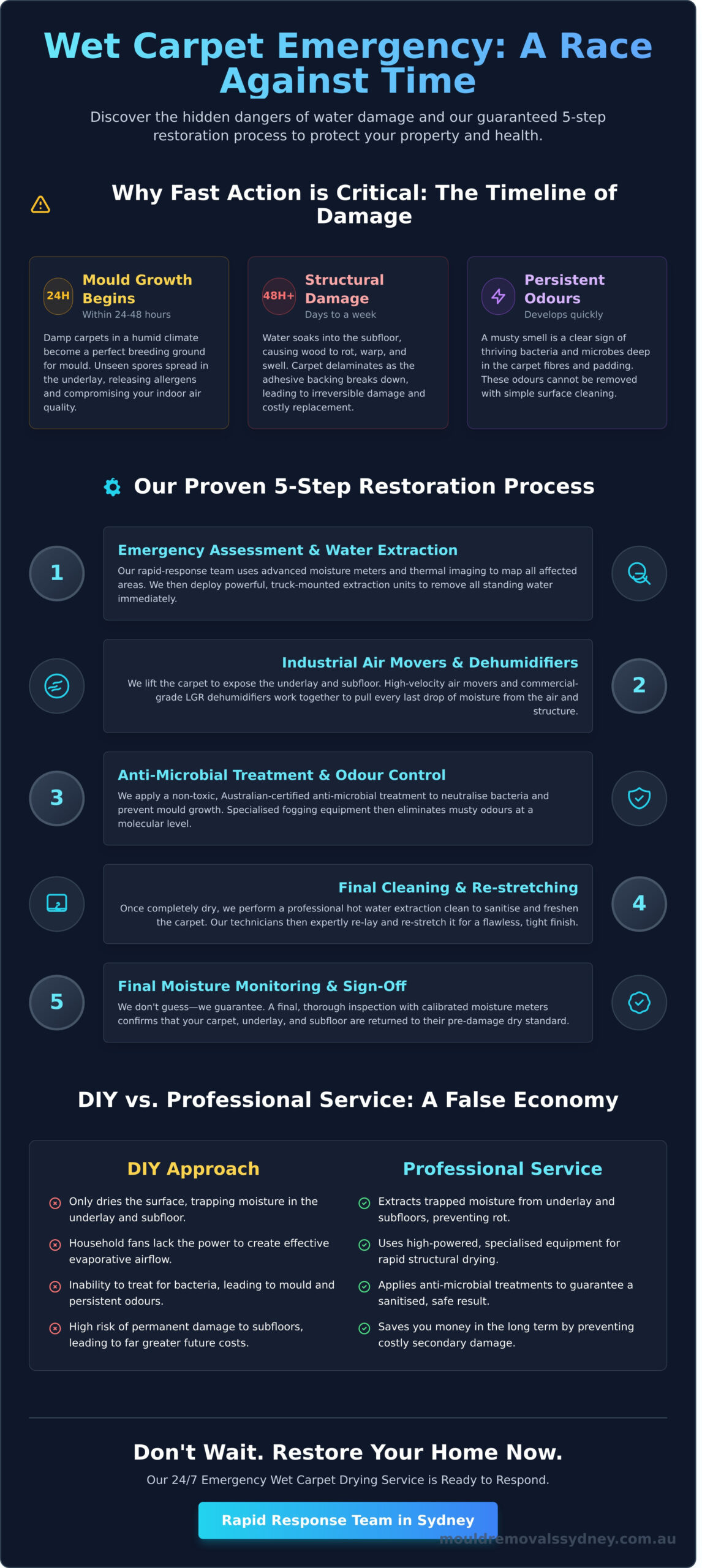 Emergency Wet Carpet Drying Service in Sydney: 24/7 Expert Response - Infographic