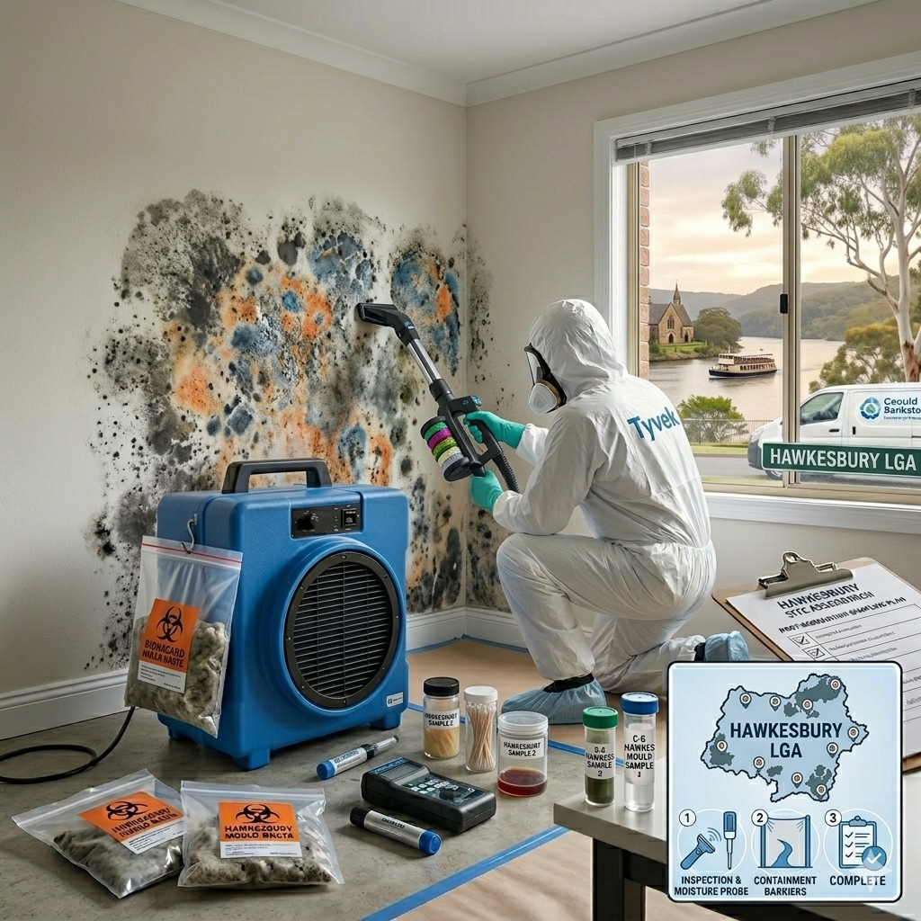 Mould removal specialist in protective suit assessing mould infestation in Hawkesbury home.