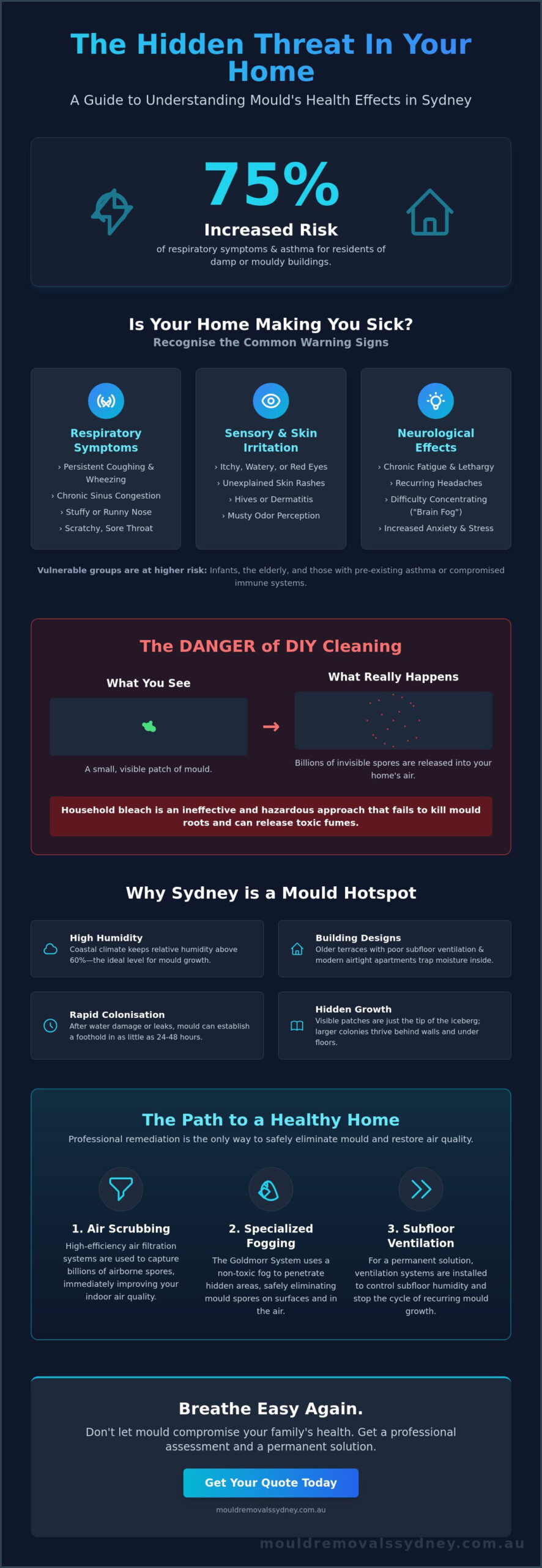 Infographic illustrating health effects of mould and dangers of DIY cleaning in Sydney homes.