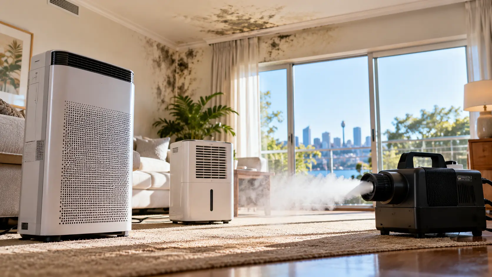 Living room with visible mould growth on the walls and ceiling, alongside an air purifier, dehumidifier, and air mover used for moisture and mould control.