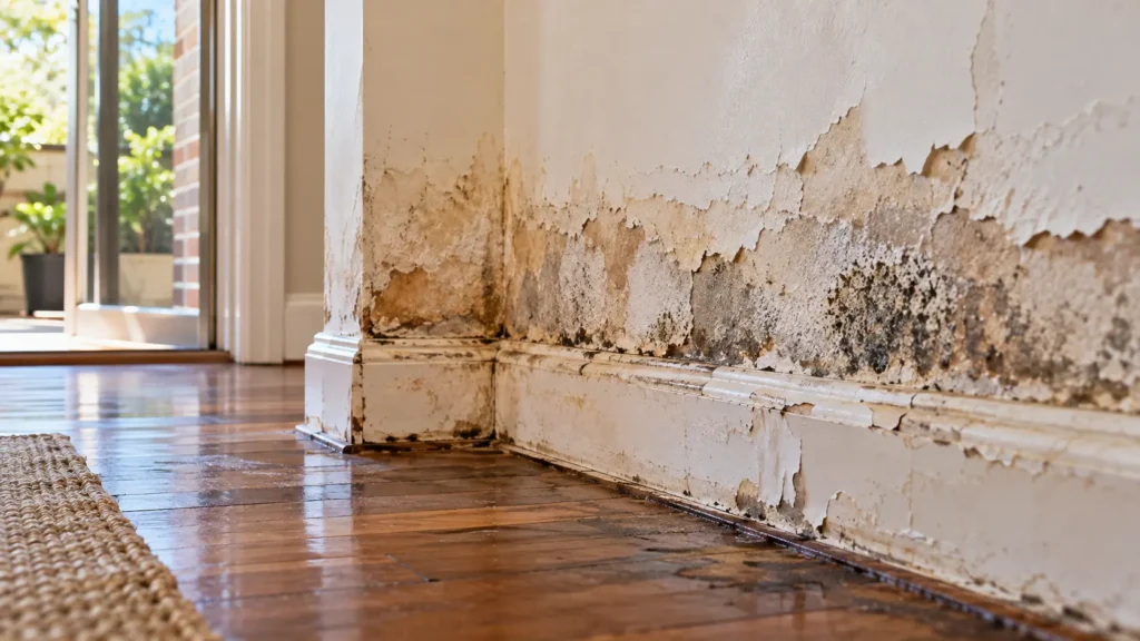 Water-damaged interior wall with peeling paint, rising damp, visible mould growth, and moisture along the baseboard and hardwood floor.