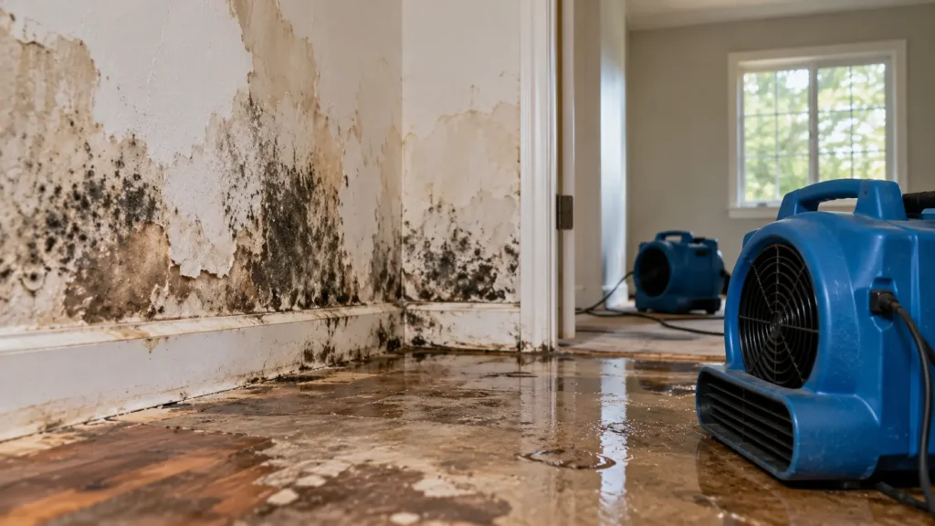 Water-damaged room with extensive black mould on the walls, peeling paint, standing water on the floor, and industrial air movers running for drying.
