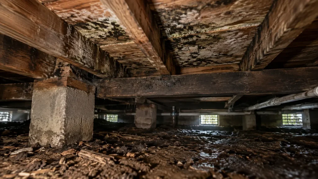 Damp, dark subfloor beneath a home showing mould-covered wooden beams, concrete supports, exposed pipes, and wet ground.